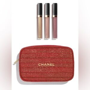 CHANEL Lip Gloss Trio with Red Tweed Zip Pouch